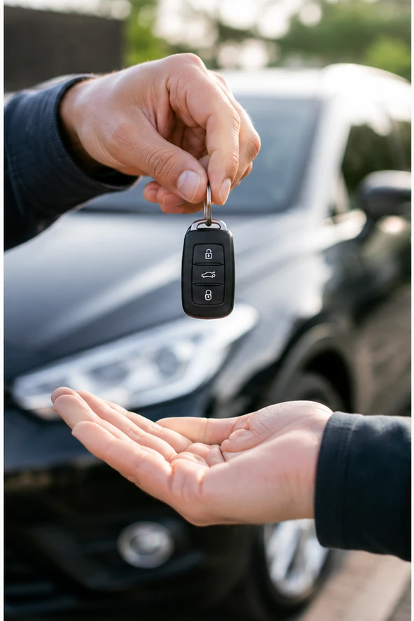 Übergabe von Schlüsseln und Fahrzeugpapieren Fahrzeugschlüssel und Papiere werden bei der Übergabe des Unfallautos überreicht